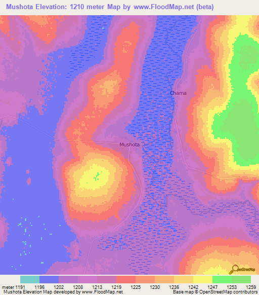 Mushota,Zambia Elevation Map