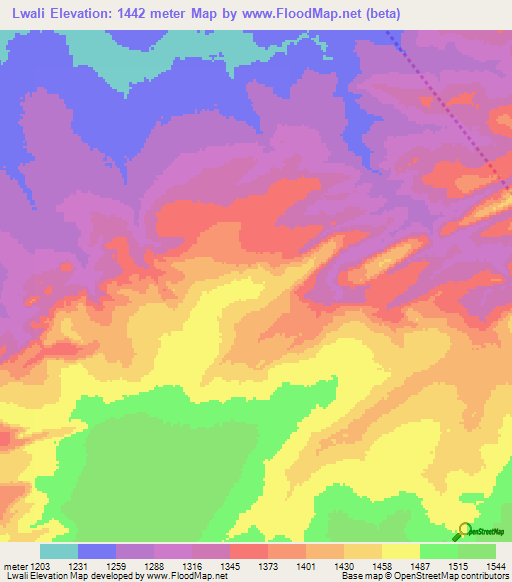 Lwali,Zambia Elevation Map