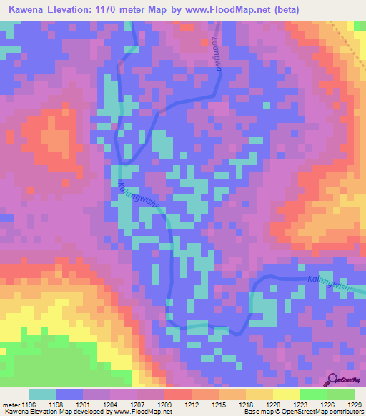 Kawena,Zambia Elevation Map