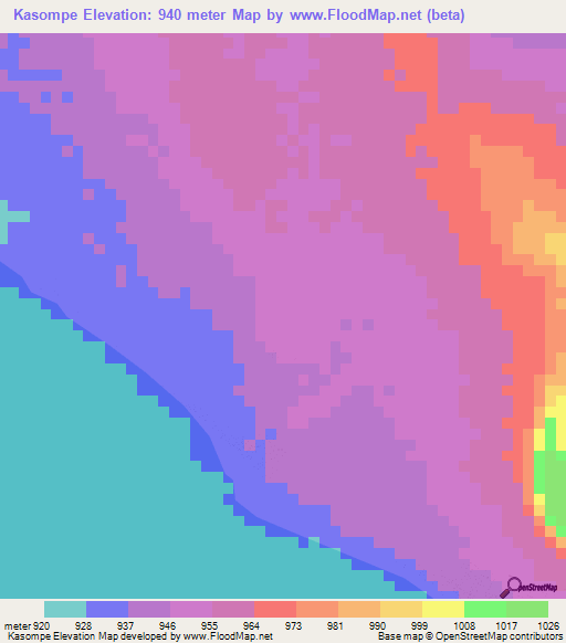 Kasompe,Zambia Elevation Map