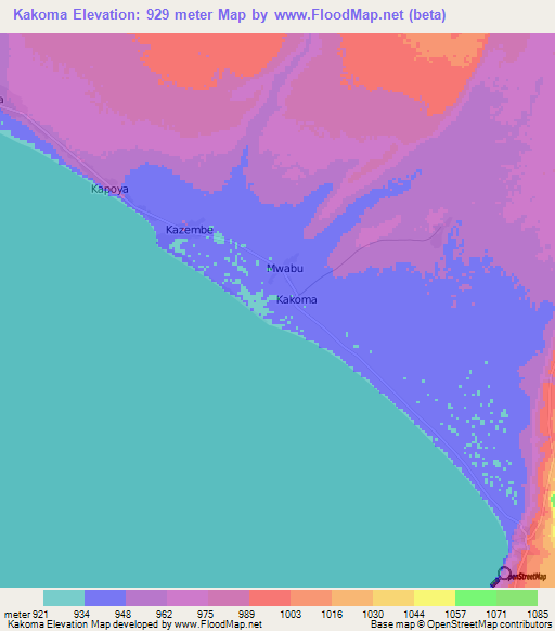 Kakoma,Zambia Elevation Map