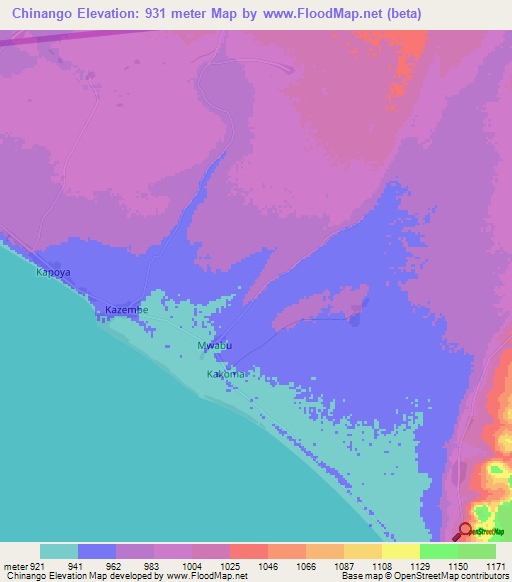 Chinango,Zambia Elevation Map