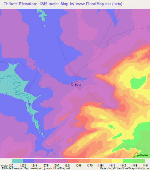 Chibote,Zambia Elevation Map