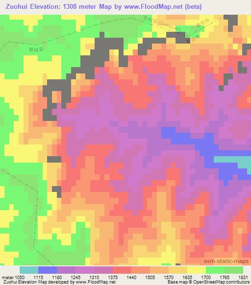 Zuohui,China Elevation Map