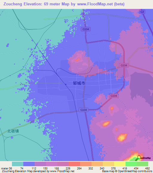 Zoucheng,China Elevation Map