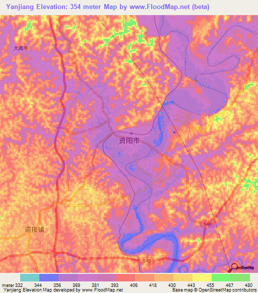 Yanjiang,China Elevation Map