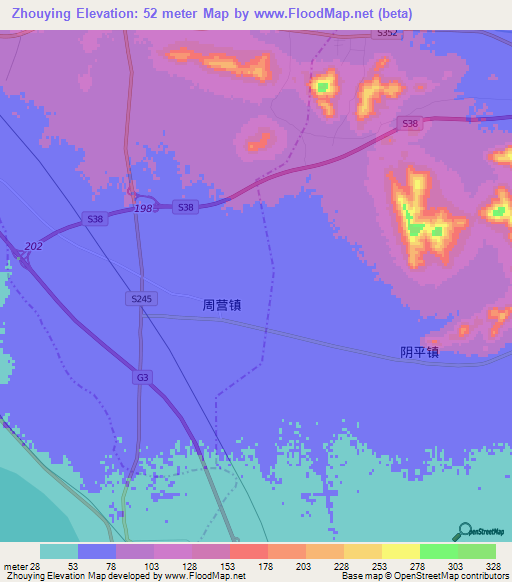 Zhouying,China Elevation Map