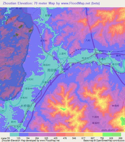 Zhoutian,China Elevation Map