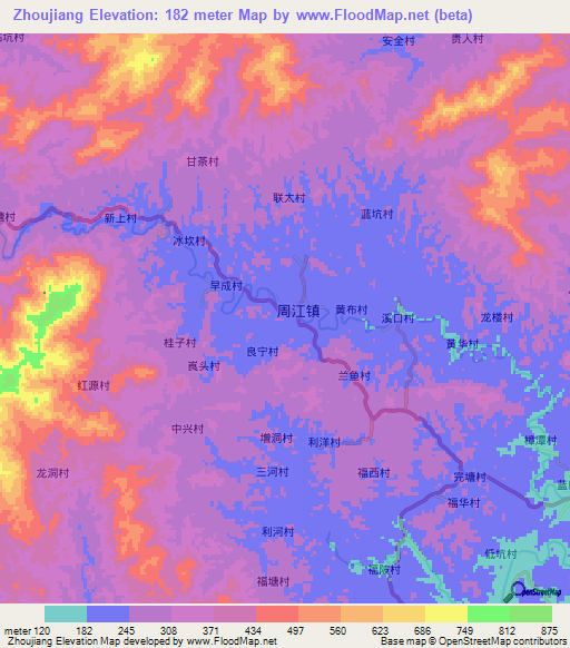 Zhoujiang,China Elevation Map