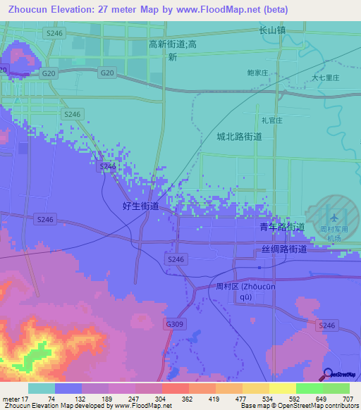 Zhoucun,China Elevation Map