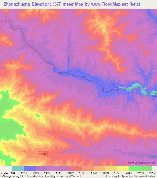 Zhongzhuang,China Elevation Map