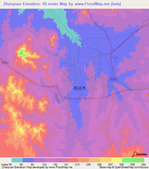 Zhaoyuan,China Elevation Map