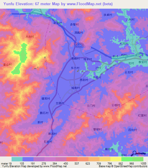 Yunfu,China Elevation Map