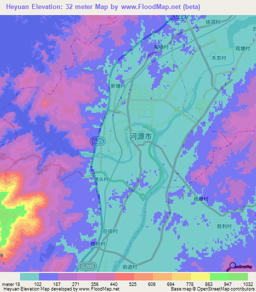 Heyuan,China Elevation Map