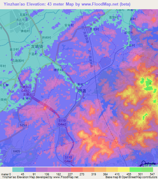 Yinzhan'ao,China Elevation Map