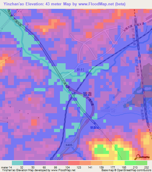Yinzhan'ao,China Elevation Map