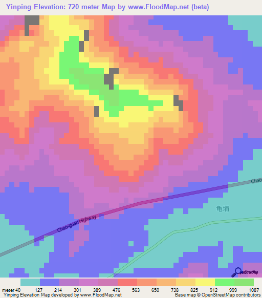 Yinping,China Elevation Map