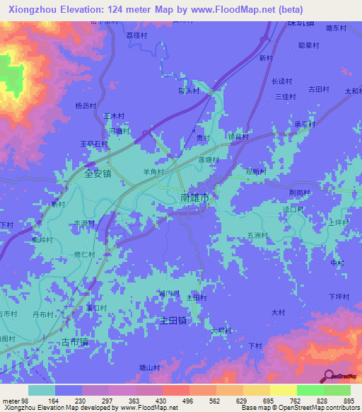 Xiongzhou,China Elevation Map