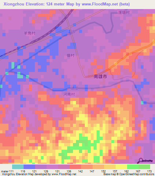 Xiongzhou,China Elevation Map