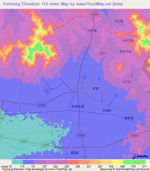 Feicheng,China Elevation Map