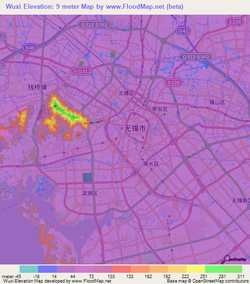 Wuxi,China Elevation Map