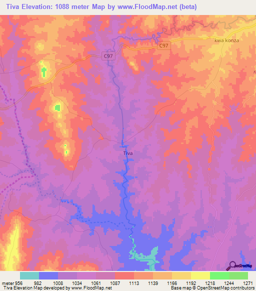 Tiva,Kenya Elevation Map