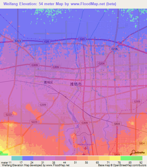 Weifang,China Elevation Map