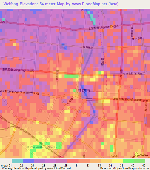 Weifang,China Elevation Map