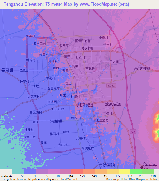 Tengzhou,China Elevation Map