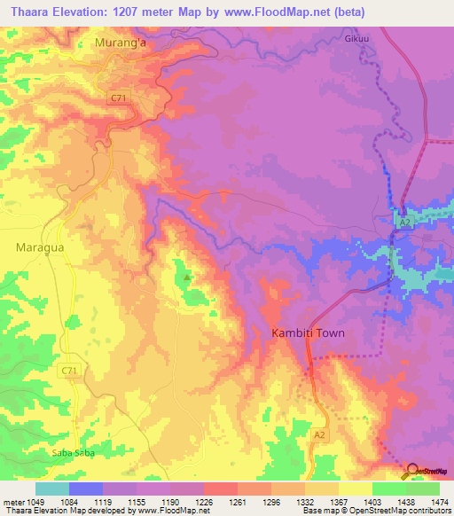 Thaara,Kenya Elevation Map