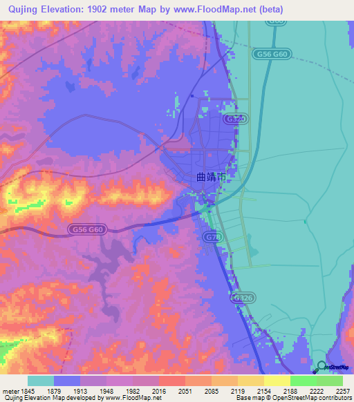 Qujing,China Elevation Map