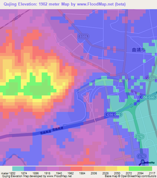 Qujing,China Elevation Map