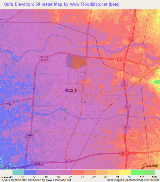 Qufu,China Elevation Map