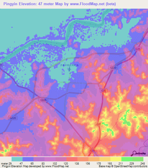 Pingyin,China Elevation Map