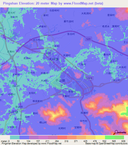 Pingshan,China Elevation Map