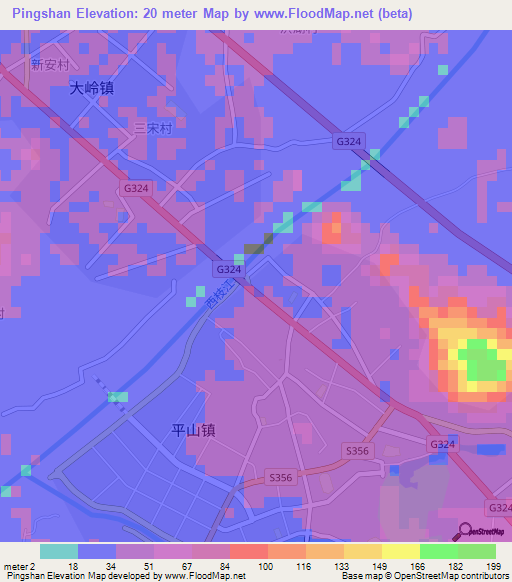 Pingshan,China Elevation Map