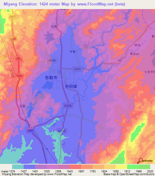 Miyang,China Elevation Map