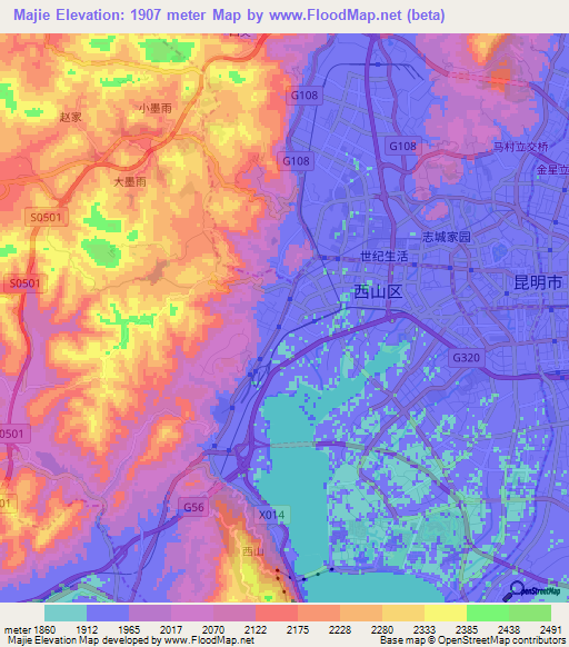 Majie,China Elevation Map