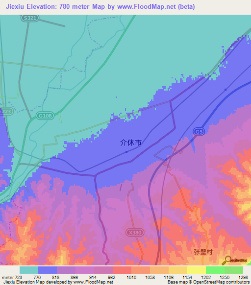 Jiexiu,China Elevation Map