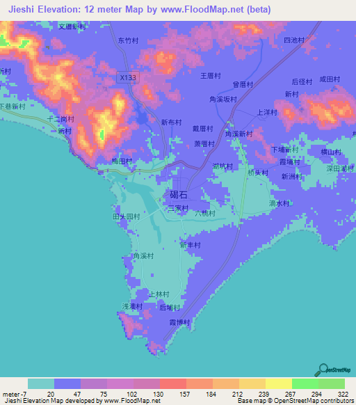 Jieshi,China Elevation Map