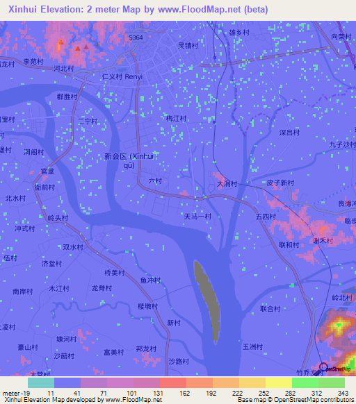 Xinhui,China Elevation Map