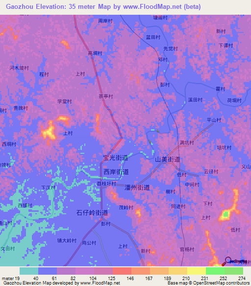 Gaozhou,China Elevation Map