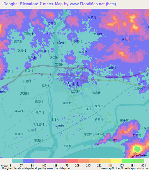 Donghai,China Elevation Map