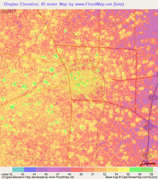 Dingtao,China Elevation Map