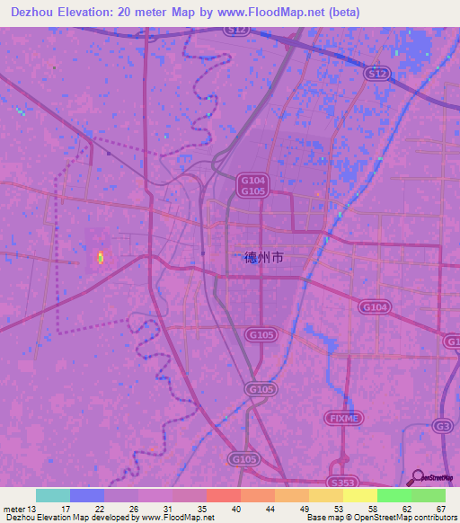 Dezhou,China Elevation Map