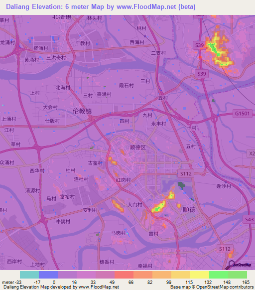 Daliang,China Elevation Map