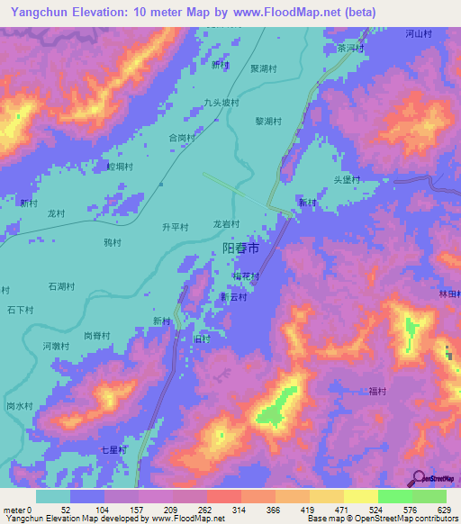 Yangchun,China Elevation Map