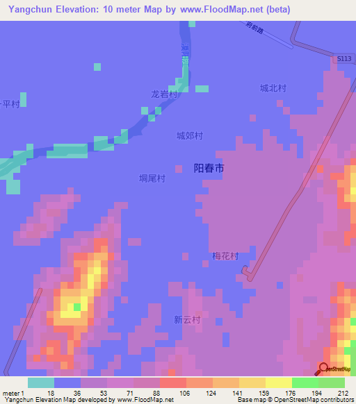 Yangchun,China Elevation Map