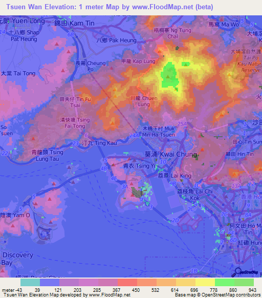 Tsuen Wan,Hong Kong Elevation Map