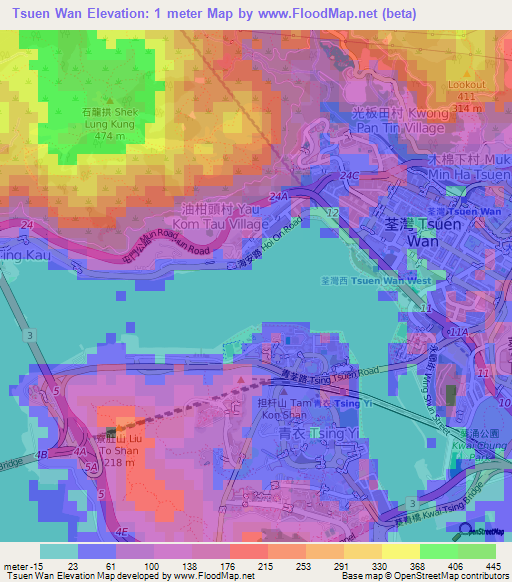 Tsuen Wan,Hong Kong Elevation Map